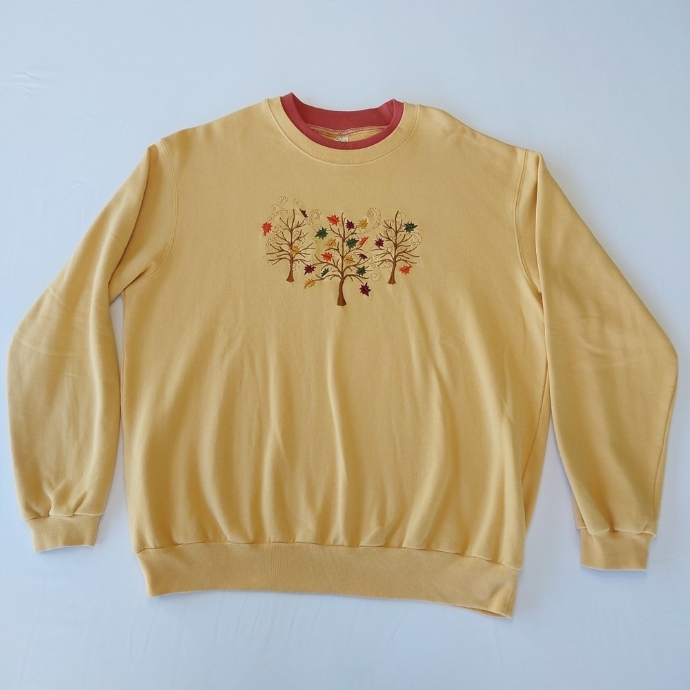 "Decorated Originals" Large Women Layered Look Sweatshirt Gold Leaves Fall Trees